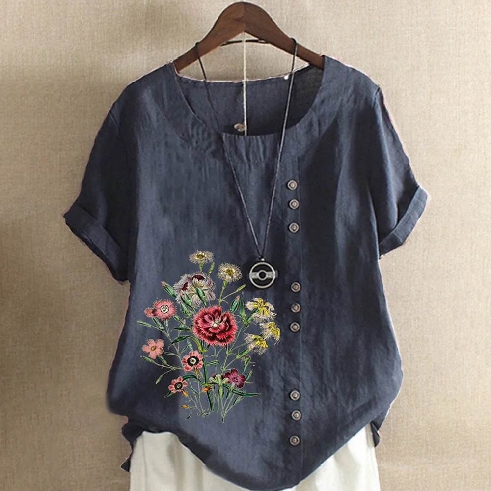 

Women's Floral Graphic Cotton Linen T-Shirts Summer Casual Loose Fit Crew Neck Short Sleeve Tee Shirt with Button Female Clothes