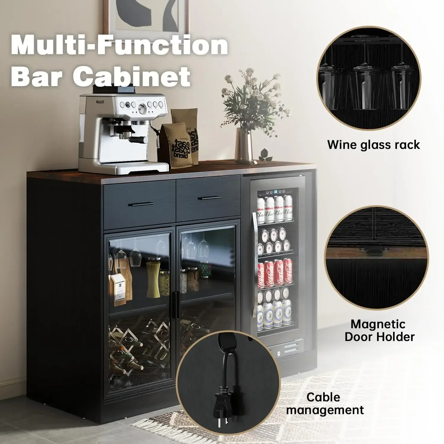 Bar Cabinet Fridge Coffee Bar Buffet Sideboard Power Outlet Led Lights Two Drawers Wine Storage Living Dining Room Rustic Brown