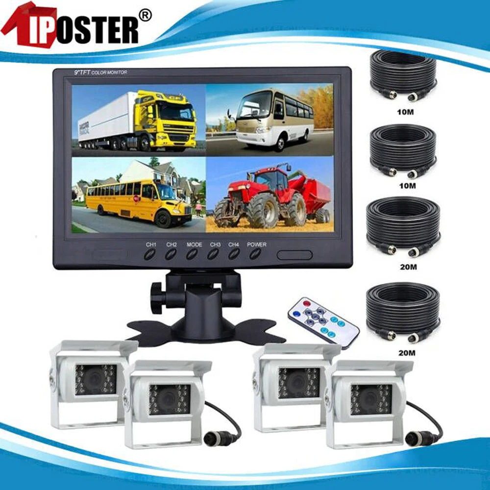 

iPoster 9 Inch Quad Monitor Split Screen 4ch Video In+4x 4PIN Heavy Duty Rear View Reversing Camera For Truck Caravan Camper Rv