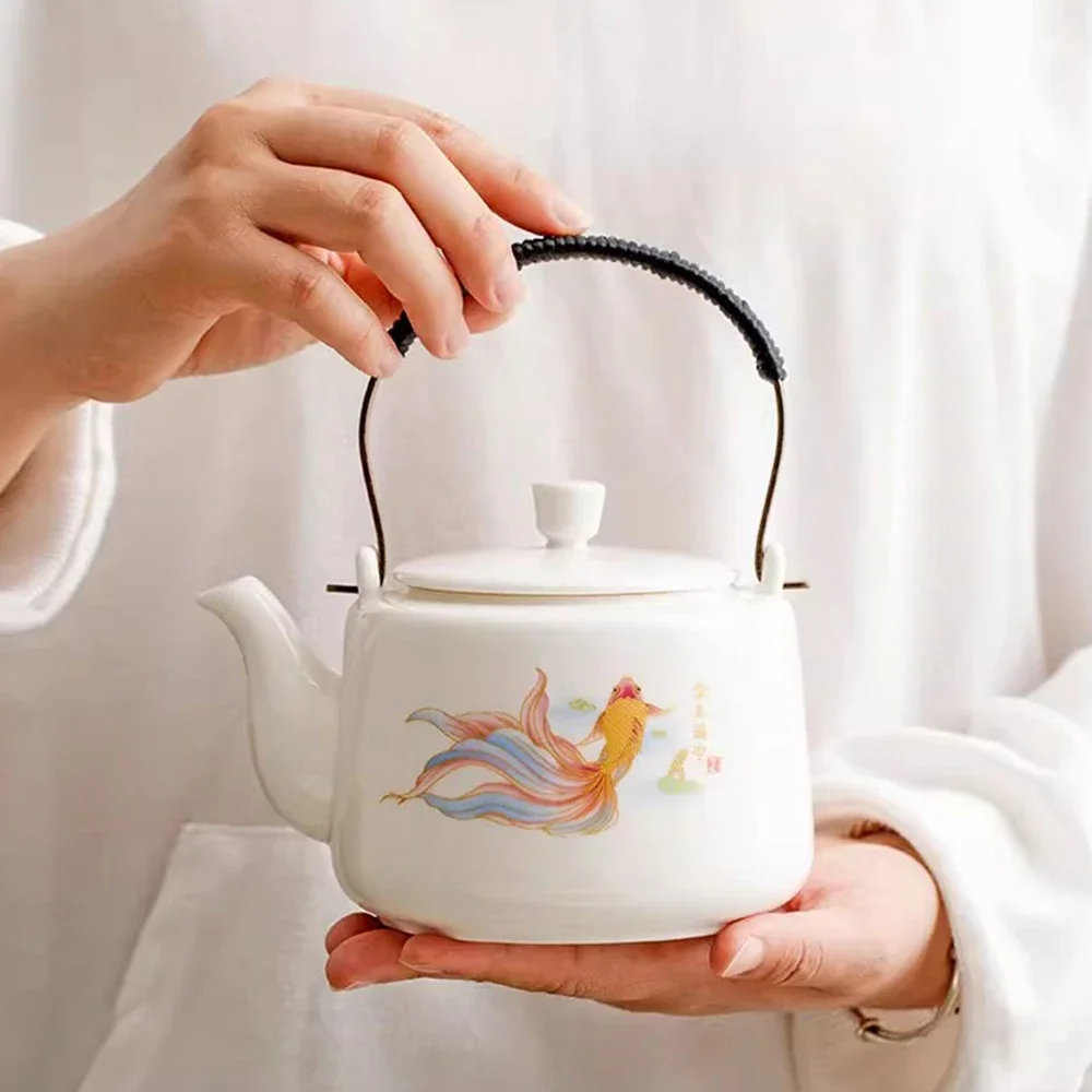 Mutton-fat jade porcelain teapot, Restaurant household tea kettle, White porcelain cold water kettle, Kungfu tea set, 600ml