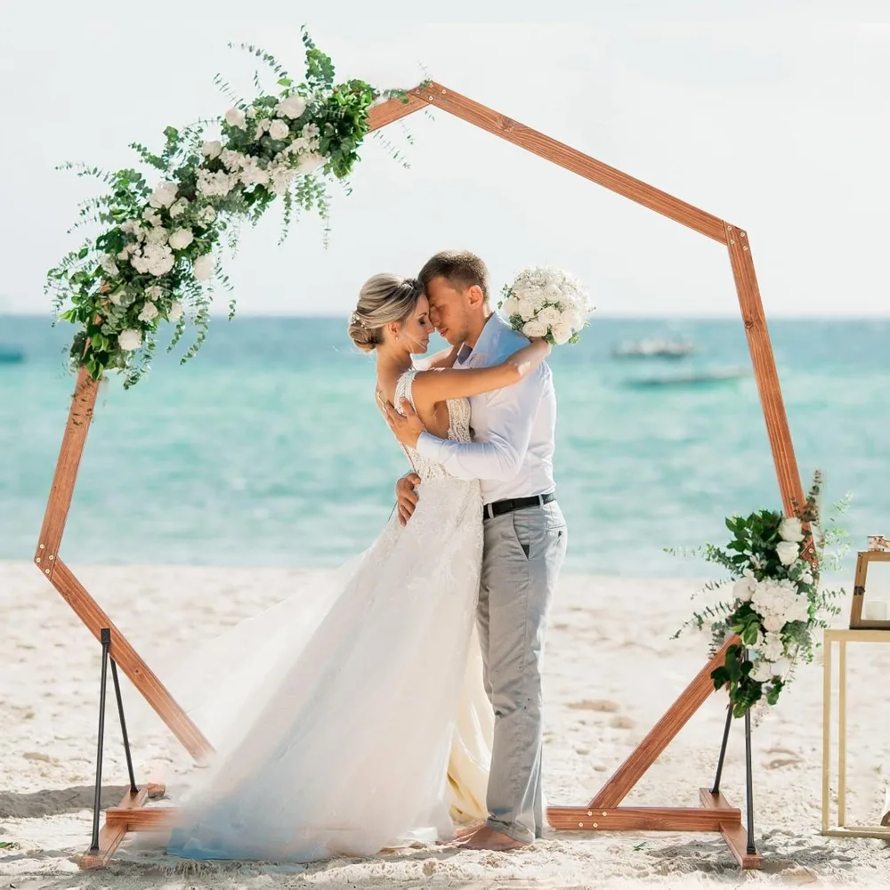 

Wooden Wedding Arch for Ceremony, 7 FT Heptagon Solid Wood Arbor for Wedding Backdrop Stand, Rustic Boho Wedding Decorat