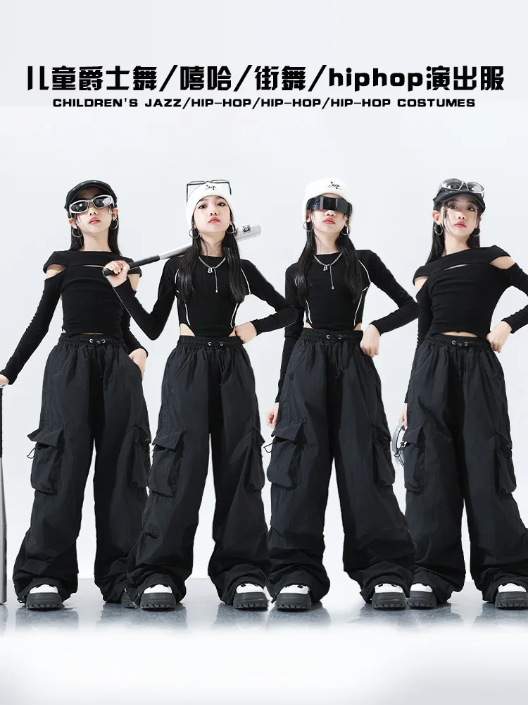 Jazz Dance Stage Costume Girls Kpop Hip Hip Dance Clothes Street Dancewear Kids Fashion Clohtes Black Tops Shuffle Pants VDL1942