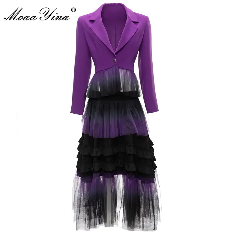 

MoaaYina Fashion Runway Spring Skirts Suit Women Long sleeve Purple Short Coat +Ruffle Black Mesh Cake 2 Pieces Set