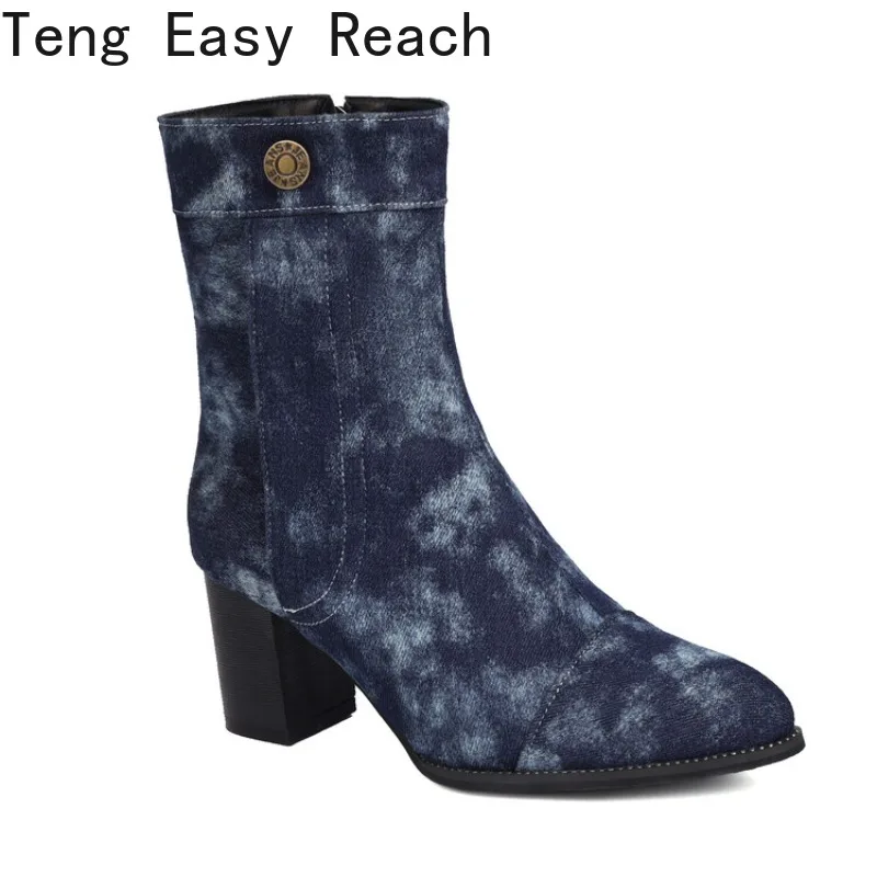 Women 2025 Autumn Pointed Toe Ankle Short Boot Woman Side Zip Thick Heeled Shoes New High Heels Blue Denim Boots view 6