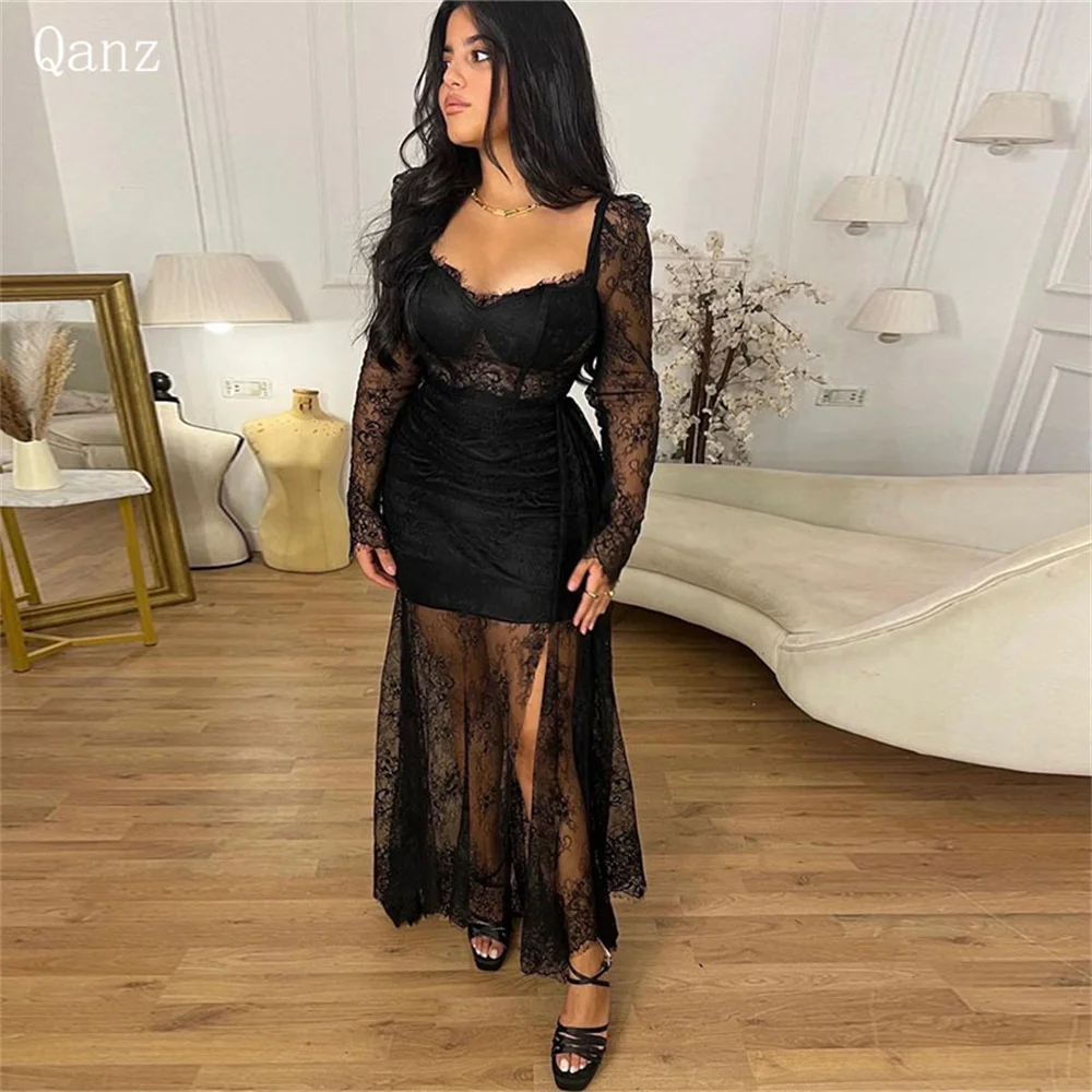 

Qanz Dubai Arabic Black Evening Dresses Mermaid Lace Long Sleeves Overskirts Dress Party Night Floor Length Sexy Prom Gown Plus