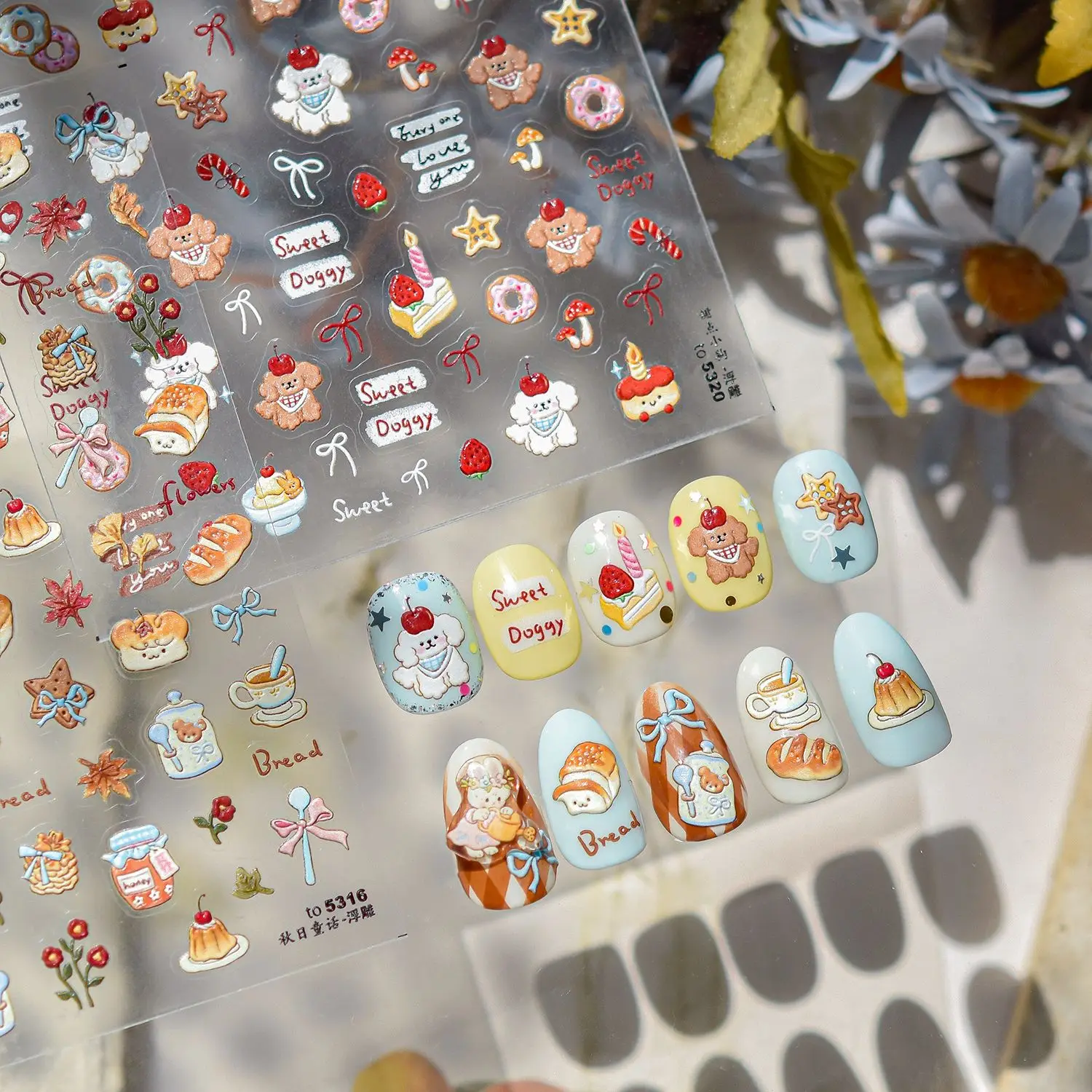 1 Uds. Pegatinas para decoración de uñas de dibujos animados de otoño, pegatinas para uñas en relieve 5D, bonitas flores de pan de perrito, calcomanías autoadhesivas para decoración de manicura