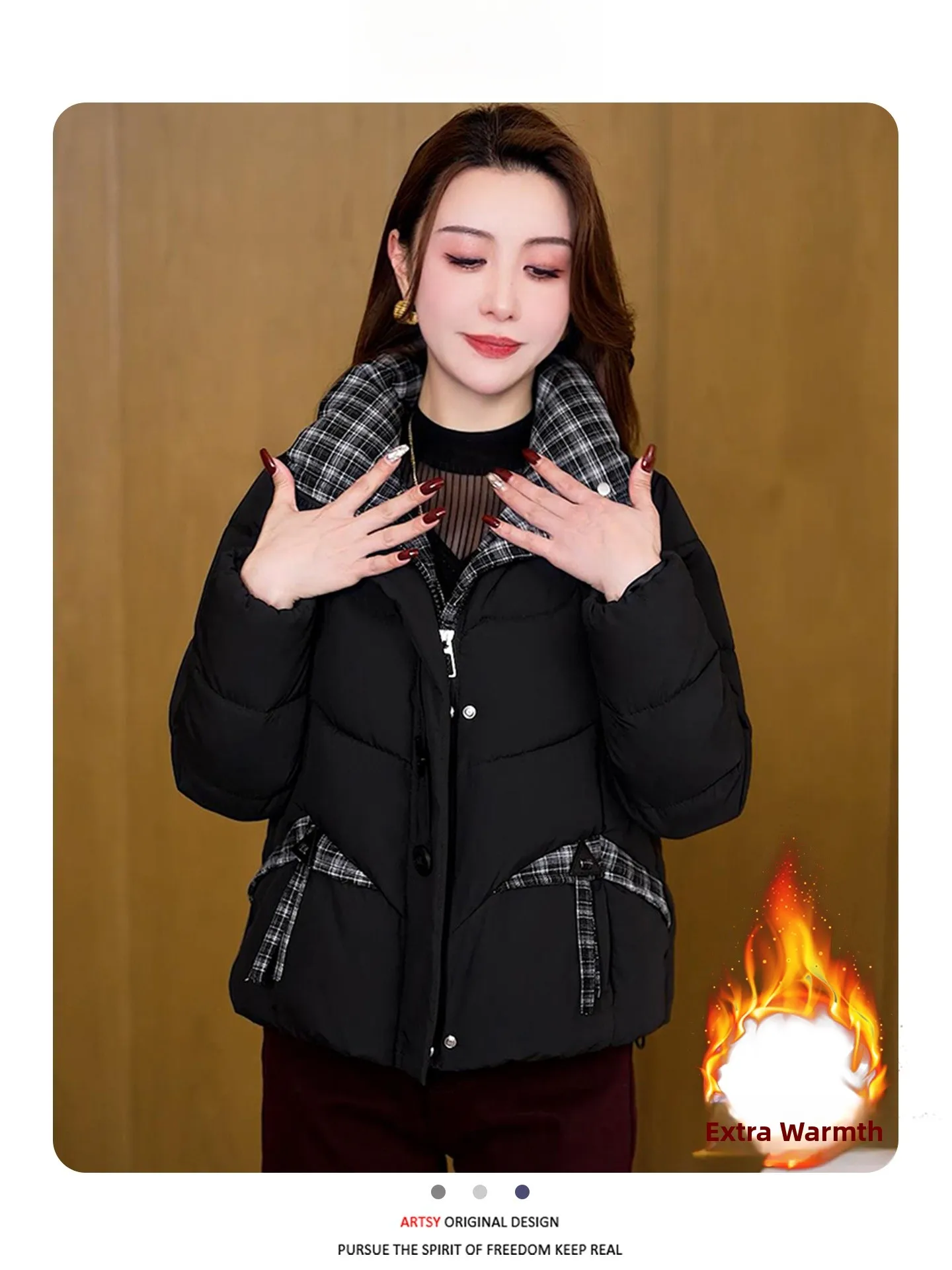 เสื้อแจ็คเก็ตผู้หญิงแบบพรีเมียม รุ่นใหม่ประจำฤดูหนาวปี 2025 บุซับในอย่างดี ดีไซน์แบบสลิม ทรงเข้ารูป ผ้าฝ้ายผสมขนเป็ด ตกแต่งด้วยผ้าปะติดปะต่อ