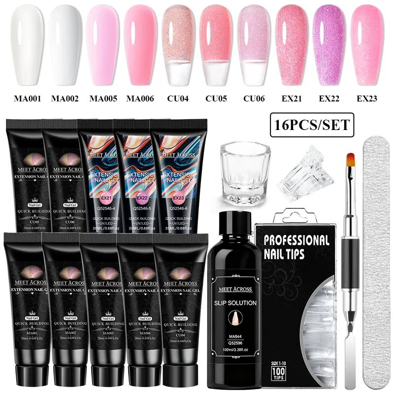 

16Pcs/set Extension Nails Gel Kit Pink Quick Building Complete Tools Crystal Clip Brush Form Set Manicure Prolong Nail Supplies