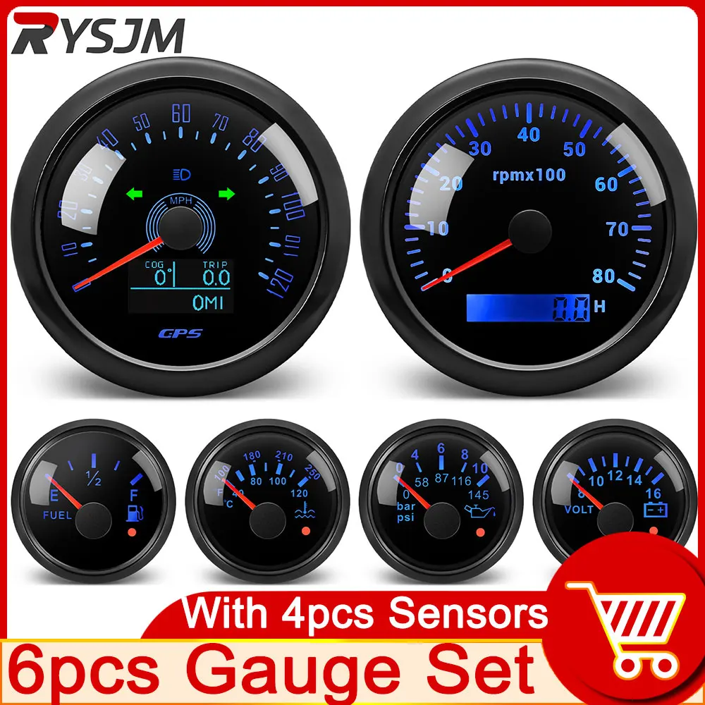 

With Sensor 6 Gauge Set 85MM 160 120MPH GPS Speedometer Tachometer 8K+ 52MM Water Temp Oil Pressure Fuel Level Meter Voltmeter