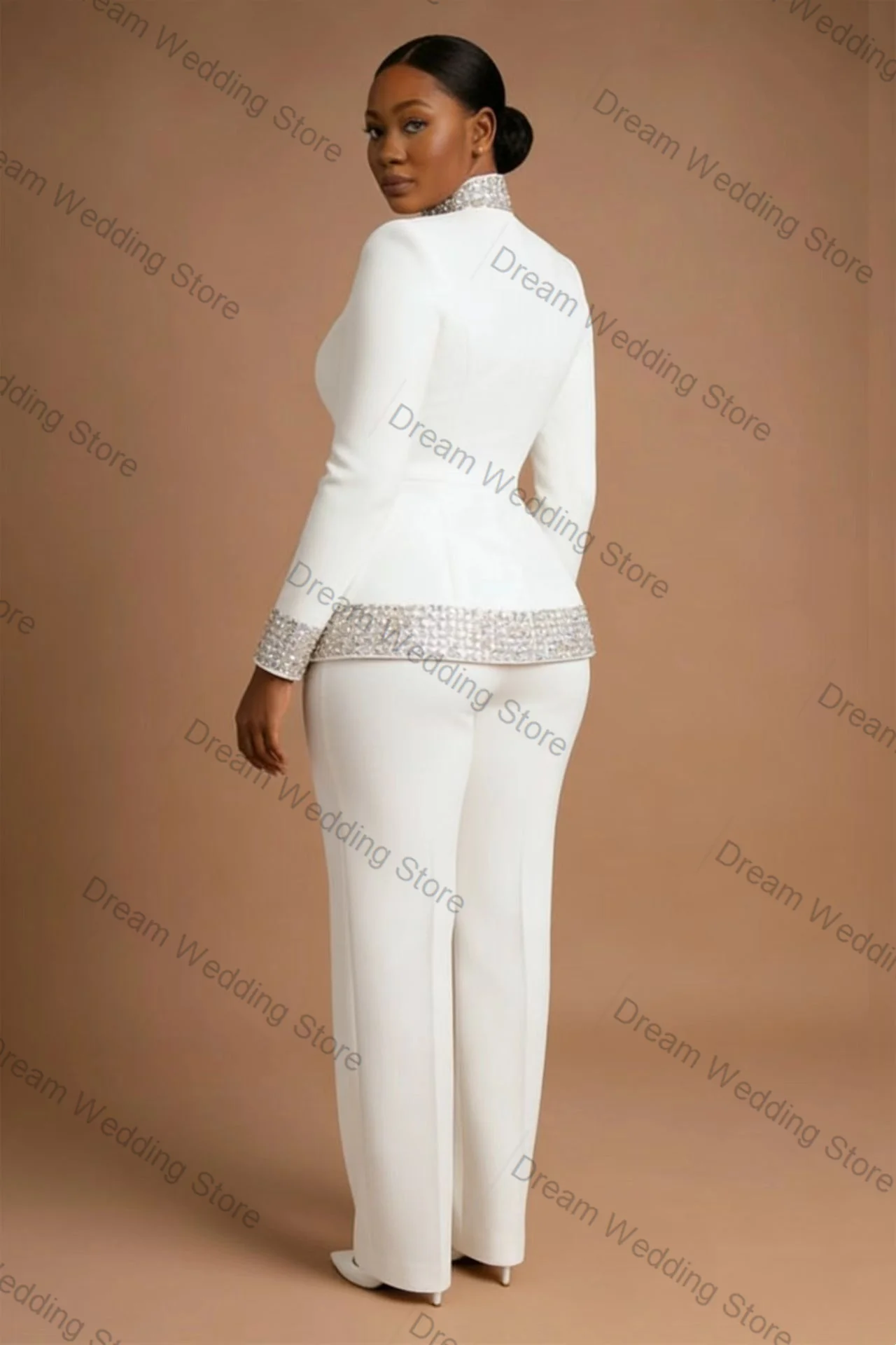 White Women Suit Set 2 Pcs Blazer+Pants Trousers Crystals Spring Autumn Formal Office Lady Jacket Customized Wedding Guest Coat image 3