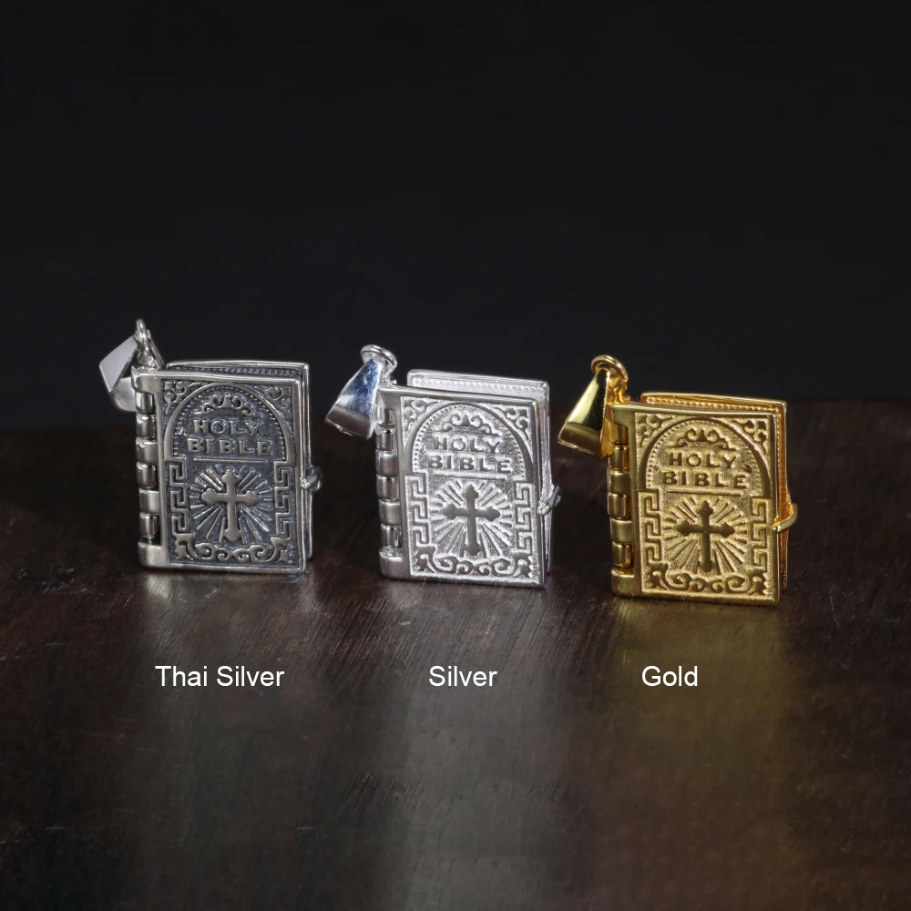925 Sterling Silver Holy Bible Cross Pendant Necklace For Man And Women Book Type Carving Engraved Lord\'s Prayer English Letters