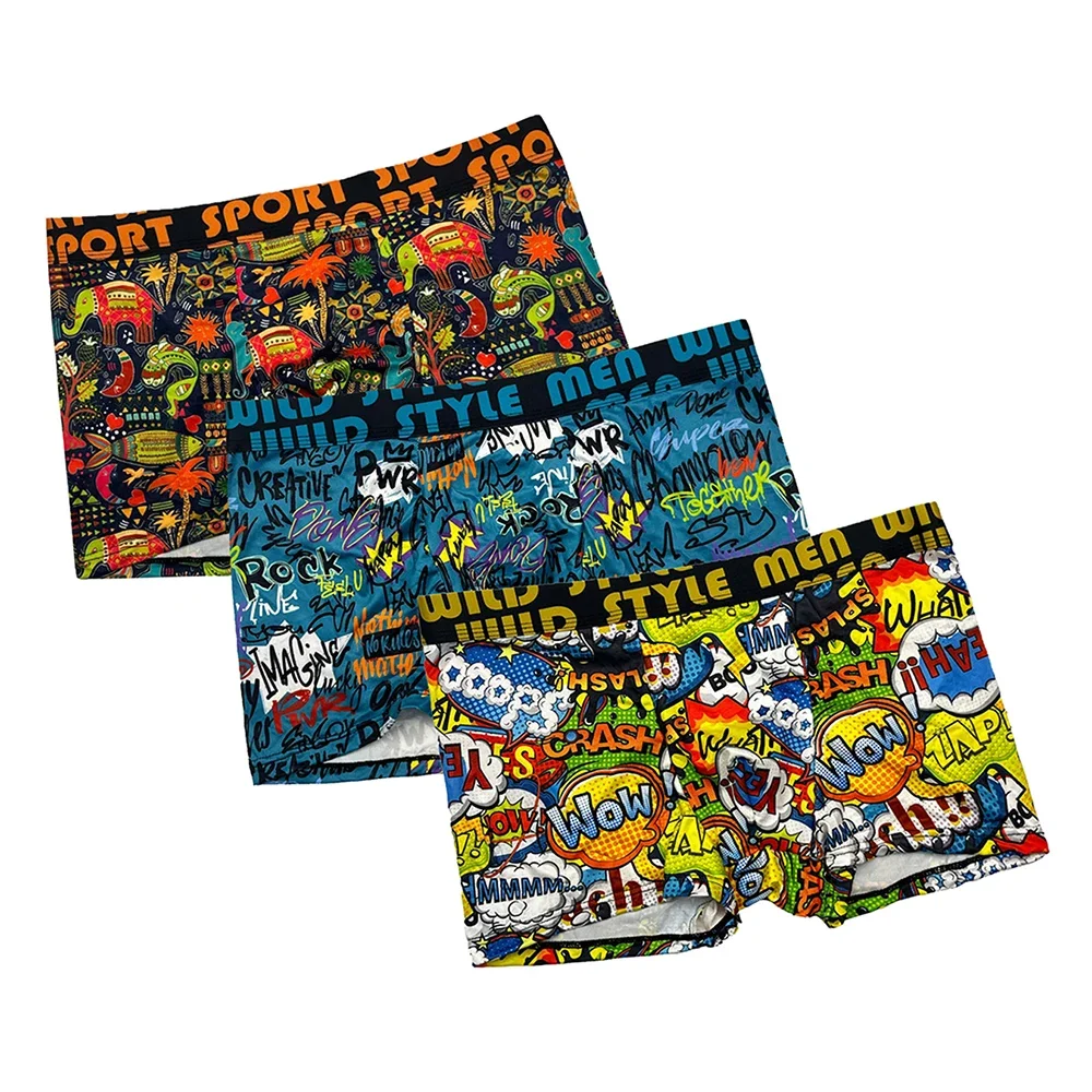 3Pcs Men's Graffiti Printed Boxer Shorts Casual Sports Breathable Underwear Men's Comfortable Underwear