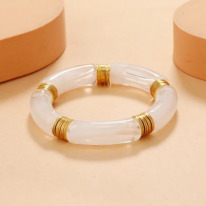 Chunky Acrylic Elbow Pipe Knee Bend Tube Colorful Elastic Retro Marble Bangle Bracelets for Women Curved Bamboo Tube Bracelet