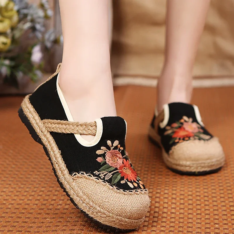 Flats Women  Embroider Retro Cotton Linen Round Toe 2024 New Handmade Casual Concise Comfortable Ladies Shoes