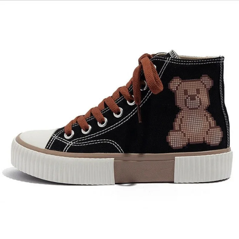 2023 Bear Canvas Sneakers Fashion Print Woman Flats Autumn Students Daily Wear Casual Korea Style Cartoon Ladies Footwear