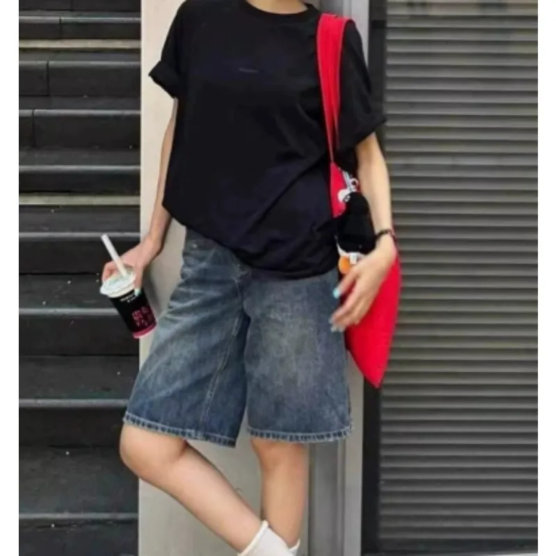 

Spring Summer High Waist Women Casual Denim Shorts Fashion Female Wide Leg Solid Color Knee Lenght Women Denim Short Pant