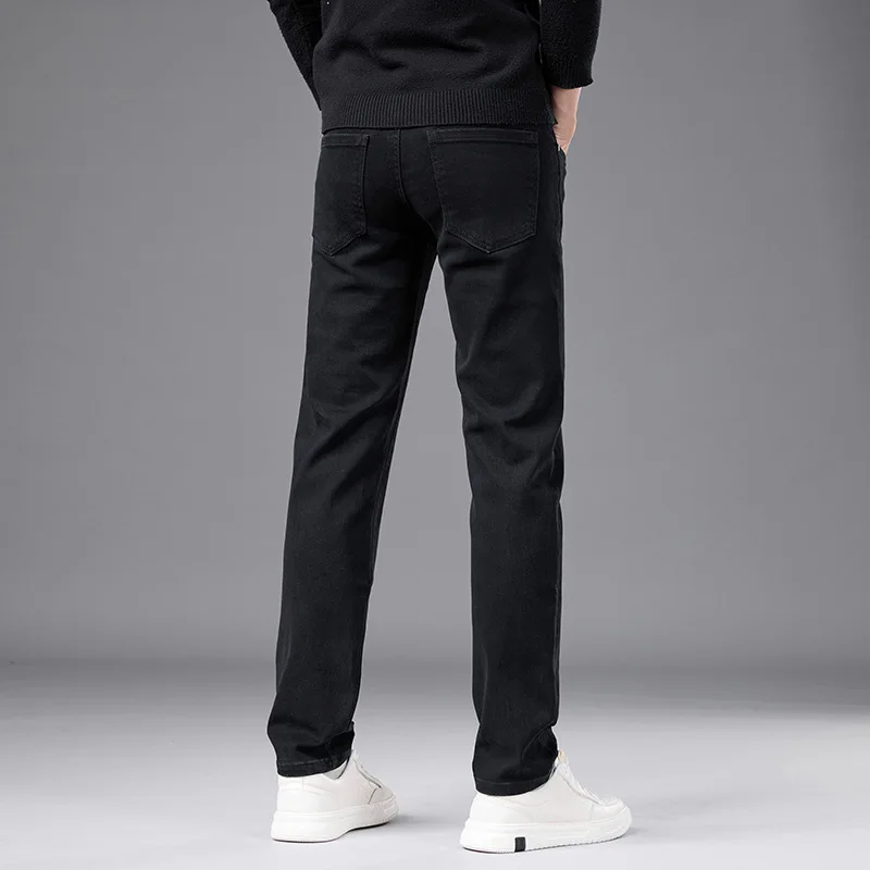 High end outono novos jeans masculinos 2025 na moda magro ajuste tubo reto elástico versátil casual preto calças compridas