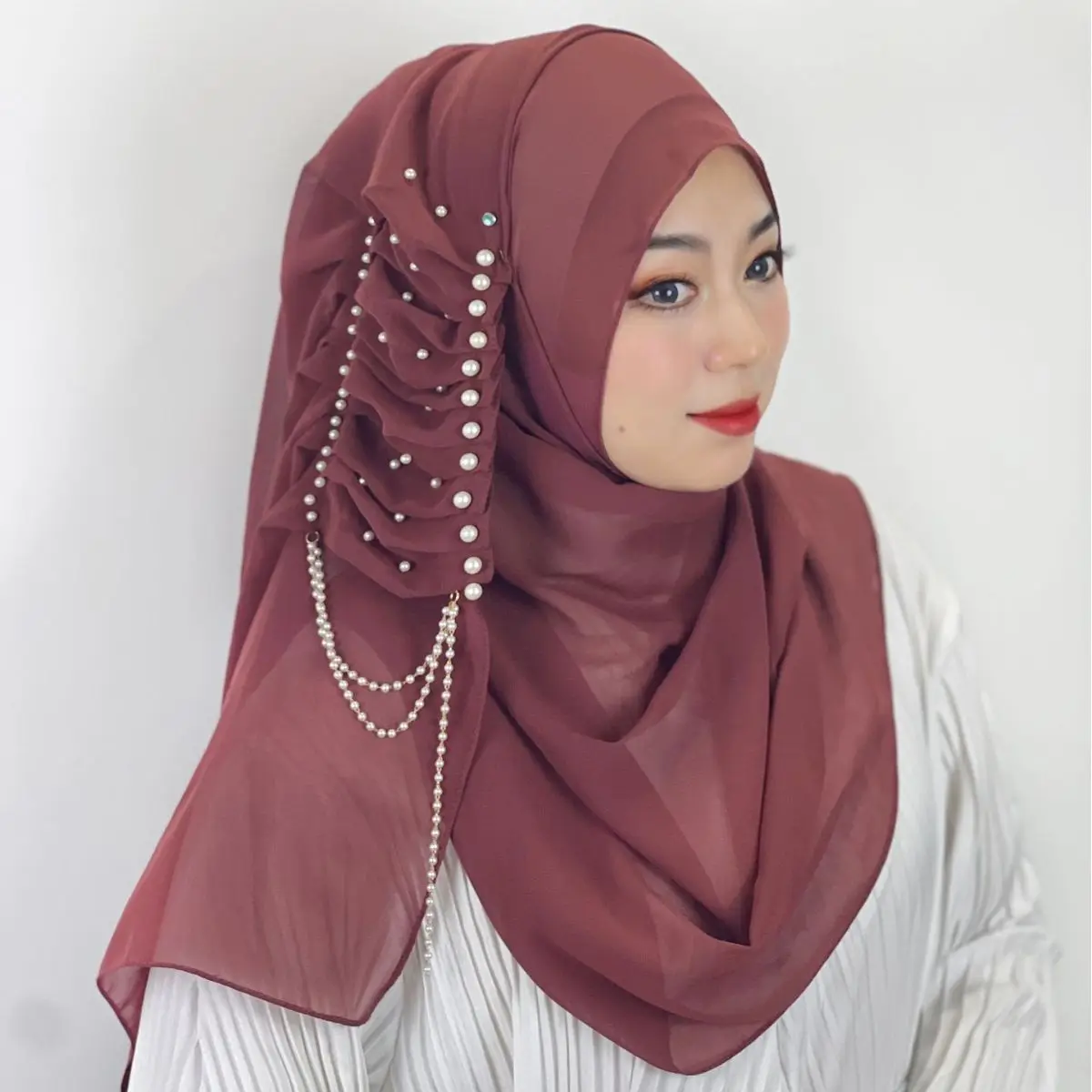 Pearl Chiffon Solid Color Headscarf Beaded Fringed Design Shawl Women's Headscarf Scarf