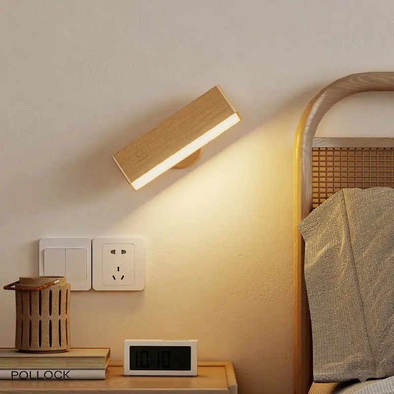360° Rotary Wooden Wall Lamp, USB Rechargeable LED Reading Light, Dimmable Wall Lamp For Bed Room