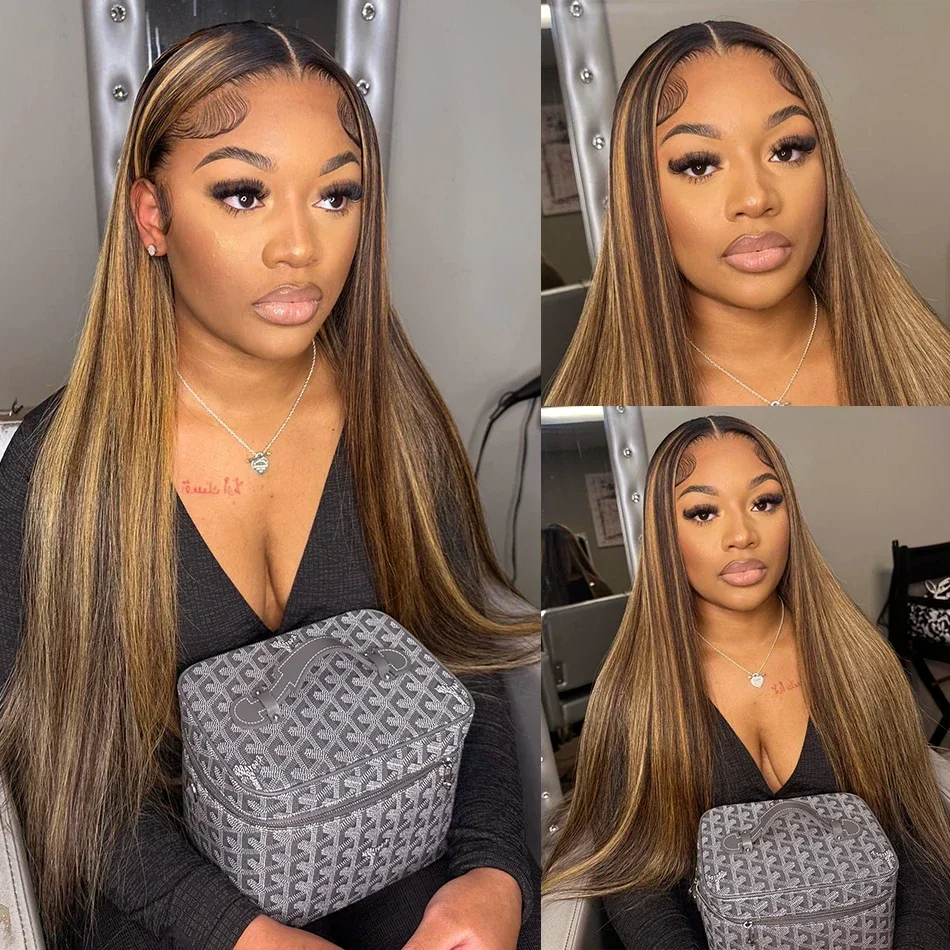 

Парик из натуральных волос P4/27 Highlight Ombre Brown Straight 13x6, цвет медово-русый, 13x4 HD Lace, предварительно проработанный, 30-36 дюймов, прямые волосы