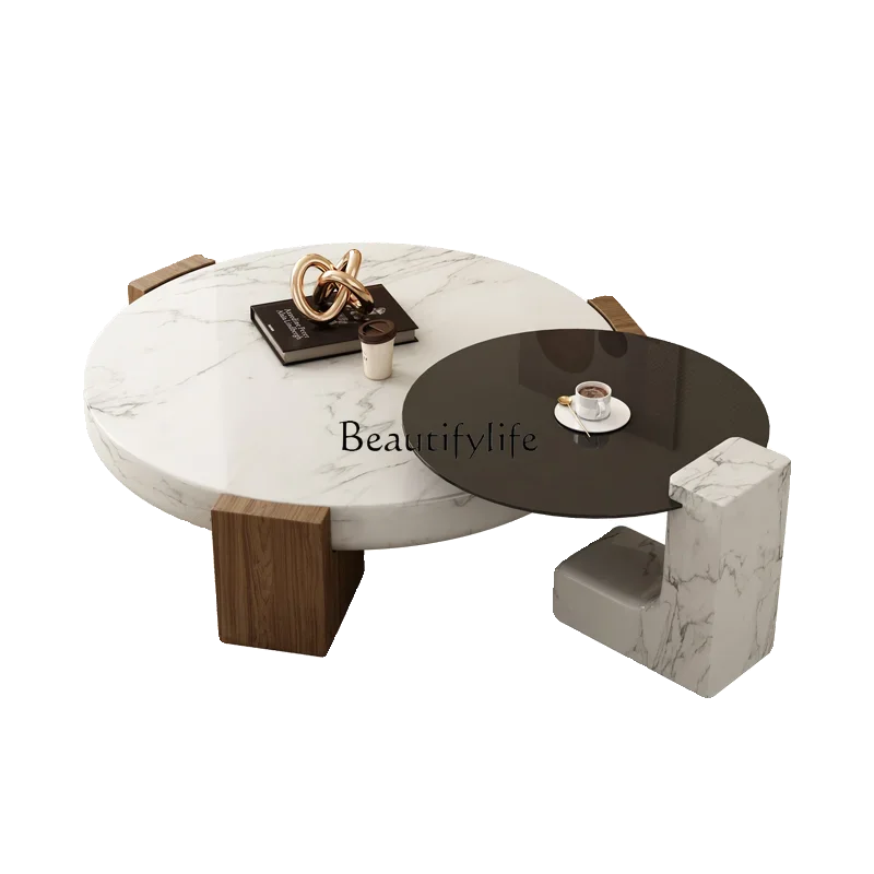 

Nordic medieval style round marble solid wood coffee table small apartment French simple designer low table