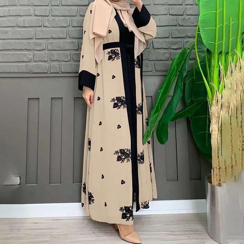 Embroidered Chiffon Coat Muslim Set Dubai Abaya Turkey Women Abayas Islam Clothing Women\'s Two Pieces Set Female Moroccan Kaftan