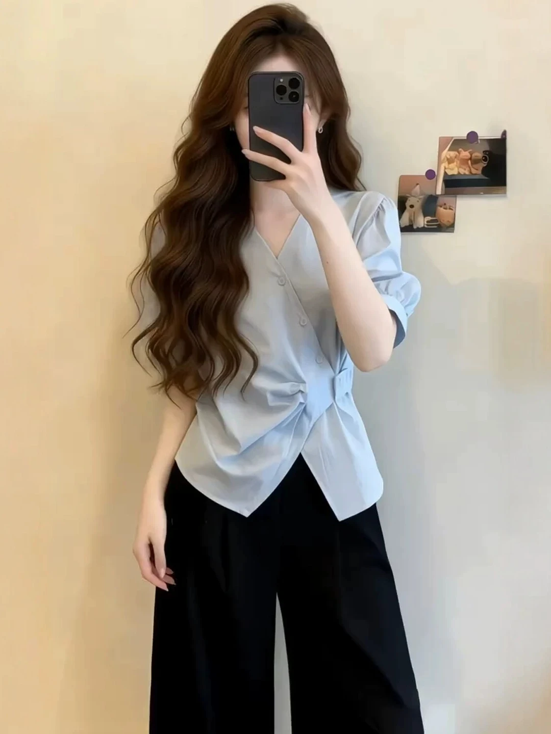 

Blue V-neck Short Sleeve Women's Shirt 2026 Summer New plus Size Waist-cinching Belly-hiding Top Korean Style Commute Wind
