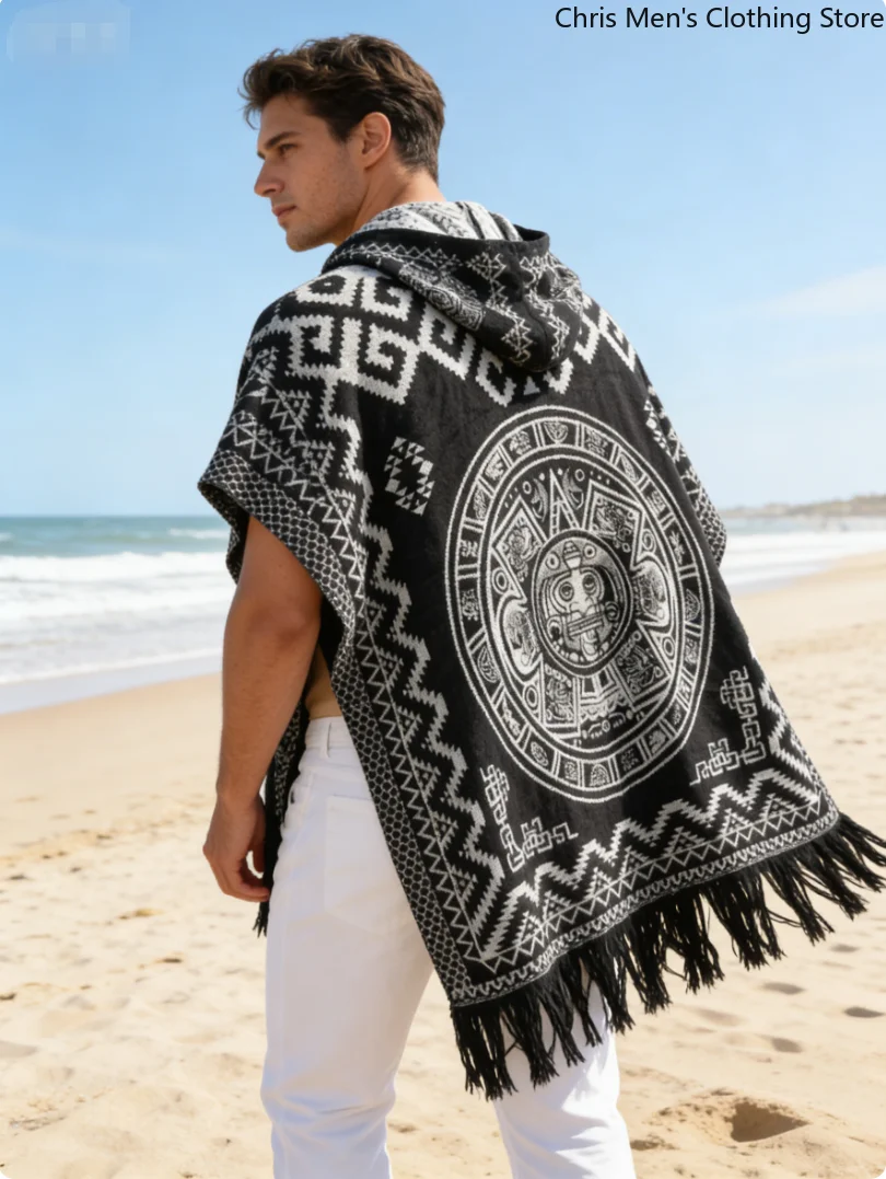 

Vintage Mayan Totem Hooded Shawl | Lightweight Fringed Blanket Coat | Casual Streetwear for Travel & Festival Streetwear