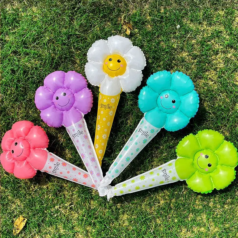 10PCS/PACK Colorful Smiling Face Daisy Random Color Hand Stick Aluminum Film Balloon Birthday Party Theme Event Decoration Ballo