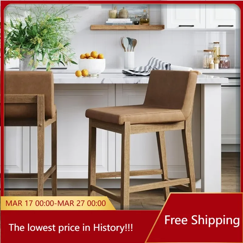 Gracie Modern Counter Height Bar Stool with Back, Counter Stool Upholstered Chair with PU Leather and Brushed Wooden Legs,