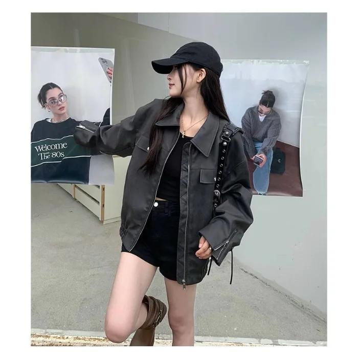 Otoño Invierno mujer cremallera chaqueta de cuero marrón estilo americano ropa de calle Retro Moto Biker abrigo prendas de vestir