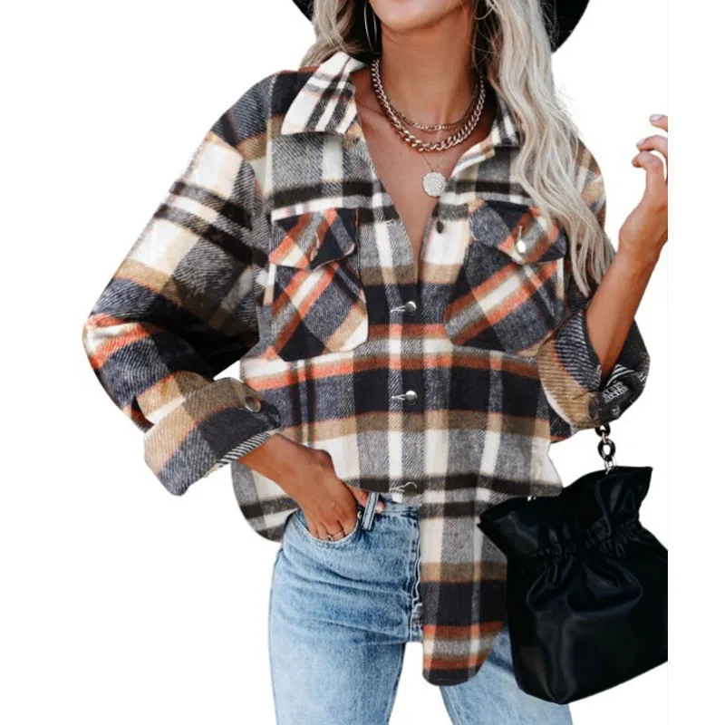 2023 Autumn and Winter Women\'s New Fashion Casual Checker Shirt Loose and Comfortable Versatile Woolen Flannel Button Up Coat