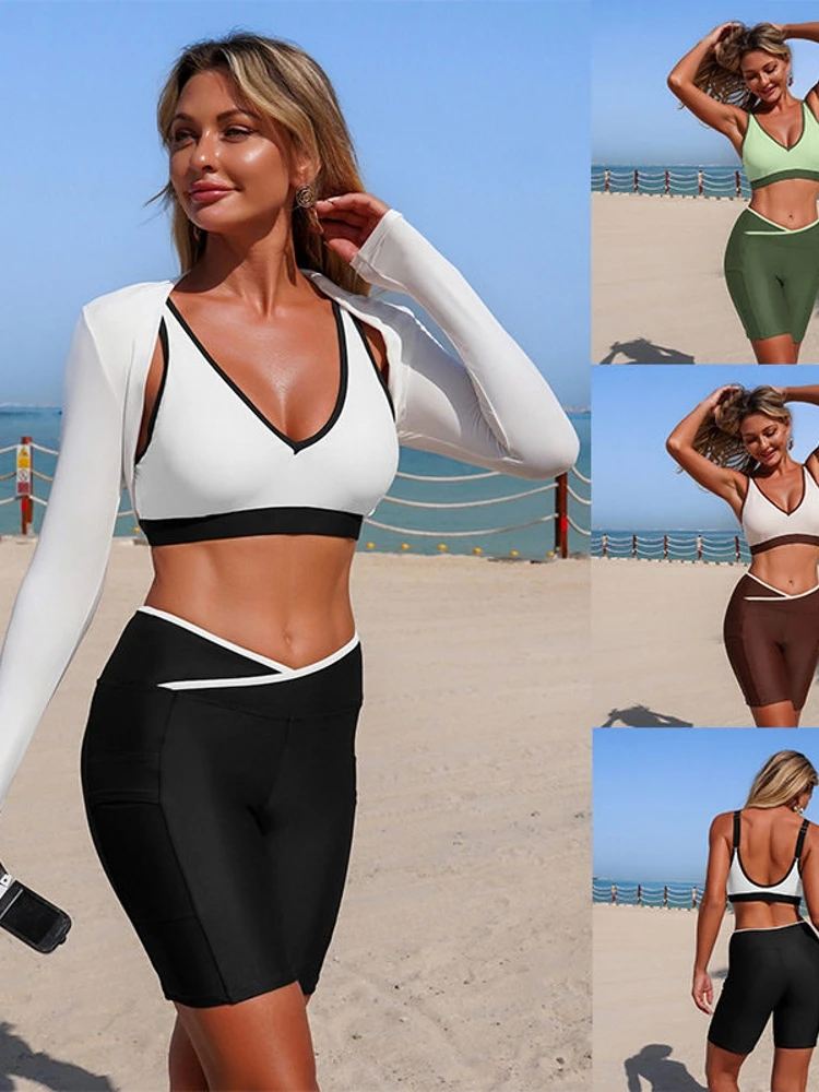 Women's Bikini Swimsuit Three-piece Set Separate Sun Protection Shirt Casual Surfing Suit with Chest Pad No Steel Support