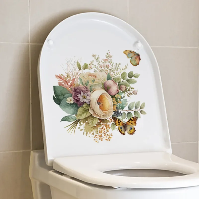 1PC Beautiful Butterflies Stickers in the Flowers, Decorating Bathroom Toilet Covers Waterproof Self Adhesive Toil