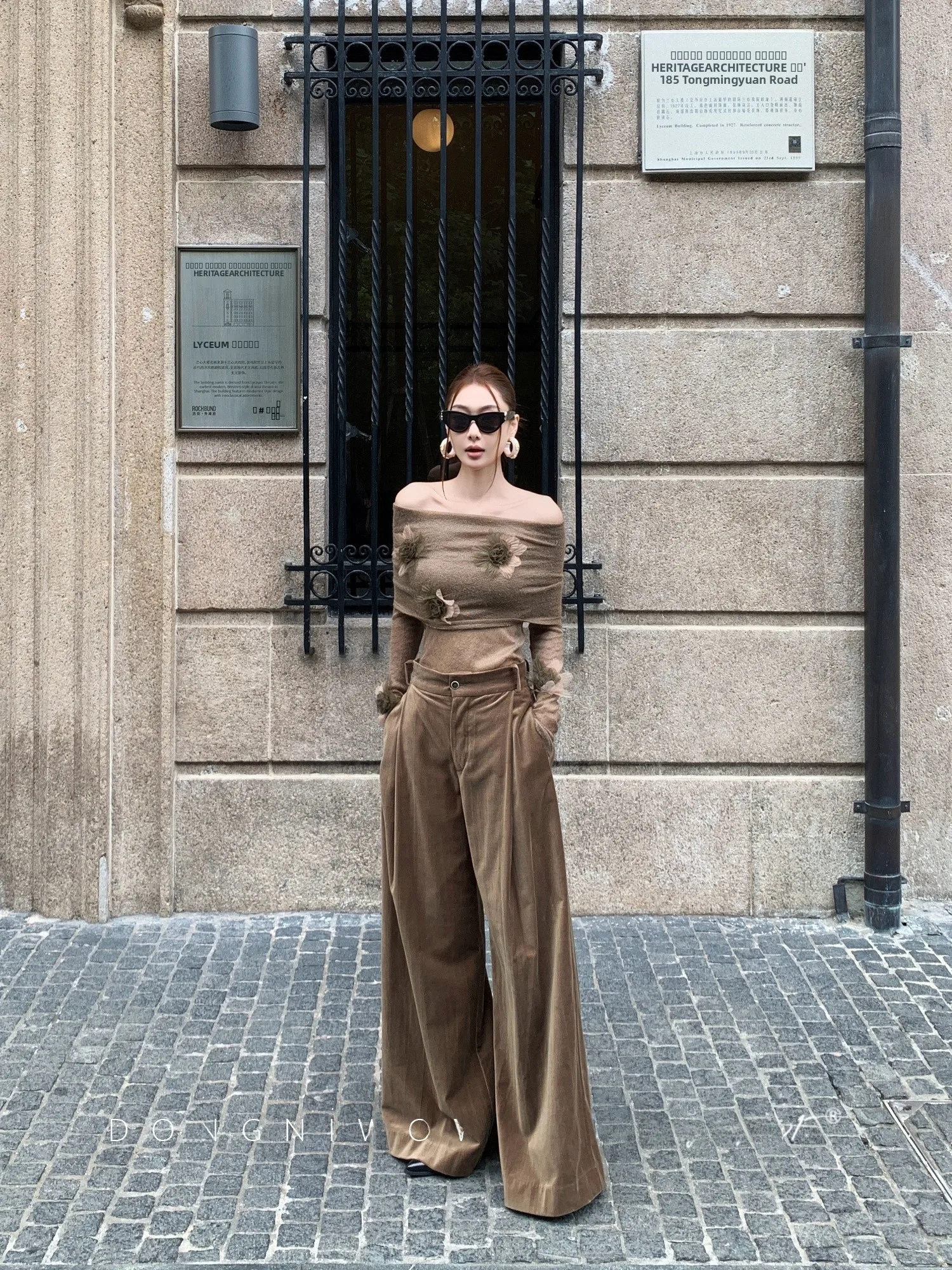 

DONGNI3 High-End Feel High-eld Silk Luster Flat Velvet Casual Wide Leg Pants Vintage Elegance Slimming Long Trousers