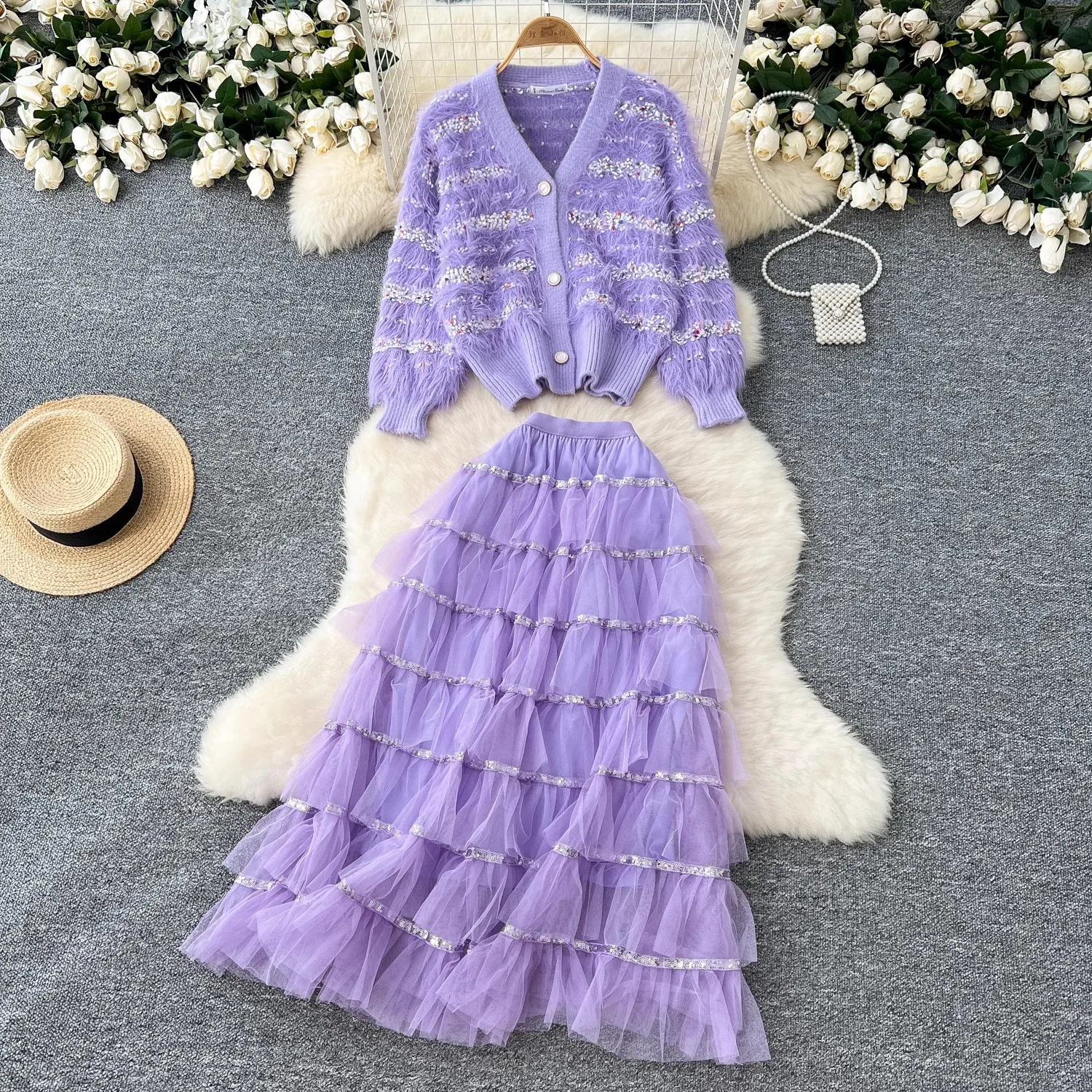 Small Fragrant Embroidery Flower Two Piece Set Women V-Neck Long Sleeve Cardigans ＋Maxi Cascarding A-Line Mesh Skirts Suit