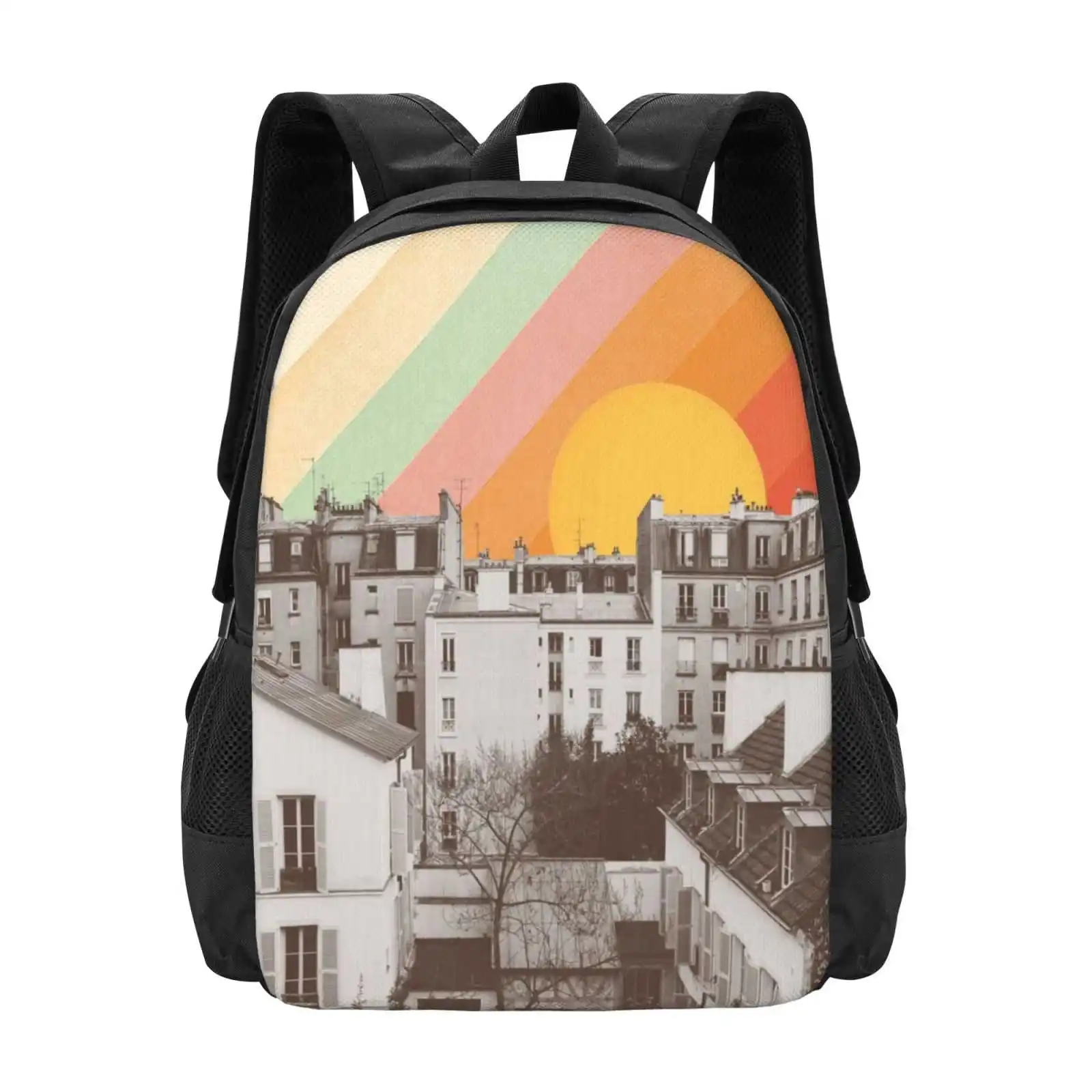 Bolsas Unisex de cielo arcoíris sobre París, mochila para estudiantes, Collage de colores del Arcoíris, color rojo, naranja, Ciudad de París, recién llegados