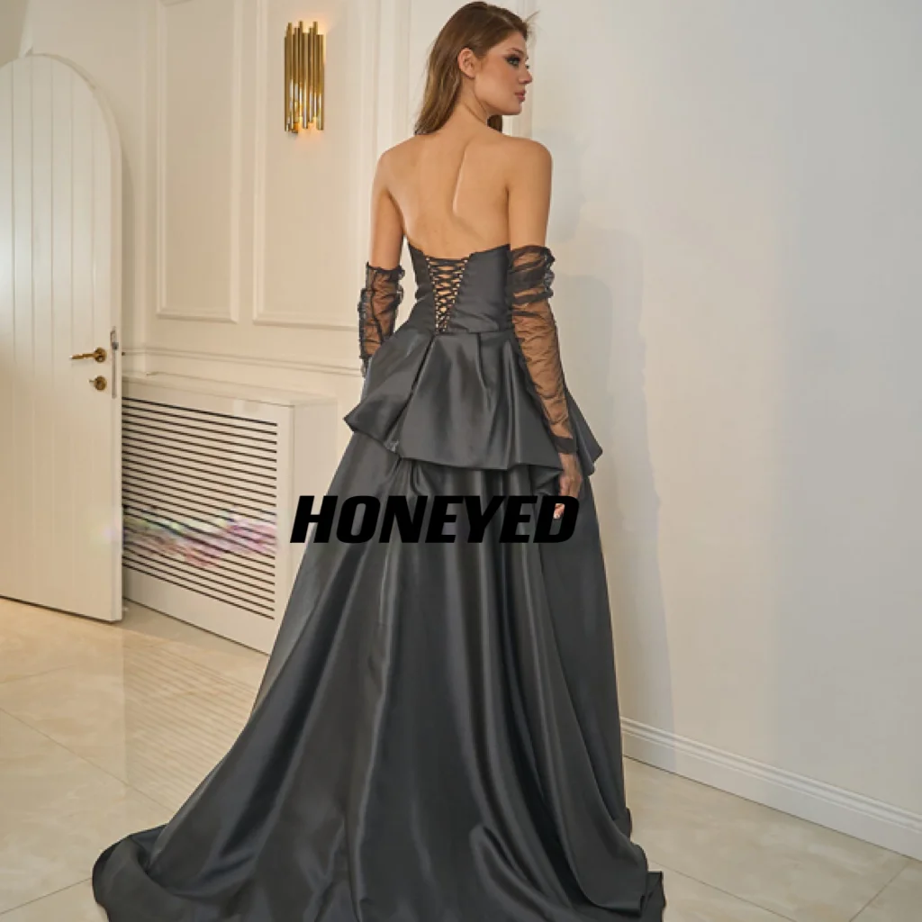 Honeyed Summer Black Sexy A-line Prom Dresses Beadings Satin Evening Dress Formal Saudi Arabia Cocktail Party Gowns Custom Size