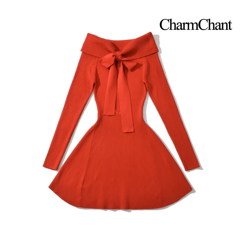 CHARMCHANT Women's Off‑Shoulder Back Bow Cutout Long Sleeve Knit A‑Line Mini Dress For Date Night Cocktail Party Fall 2026