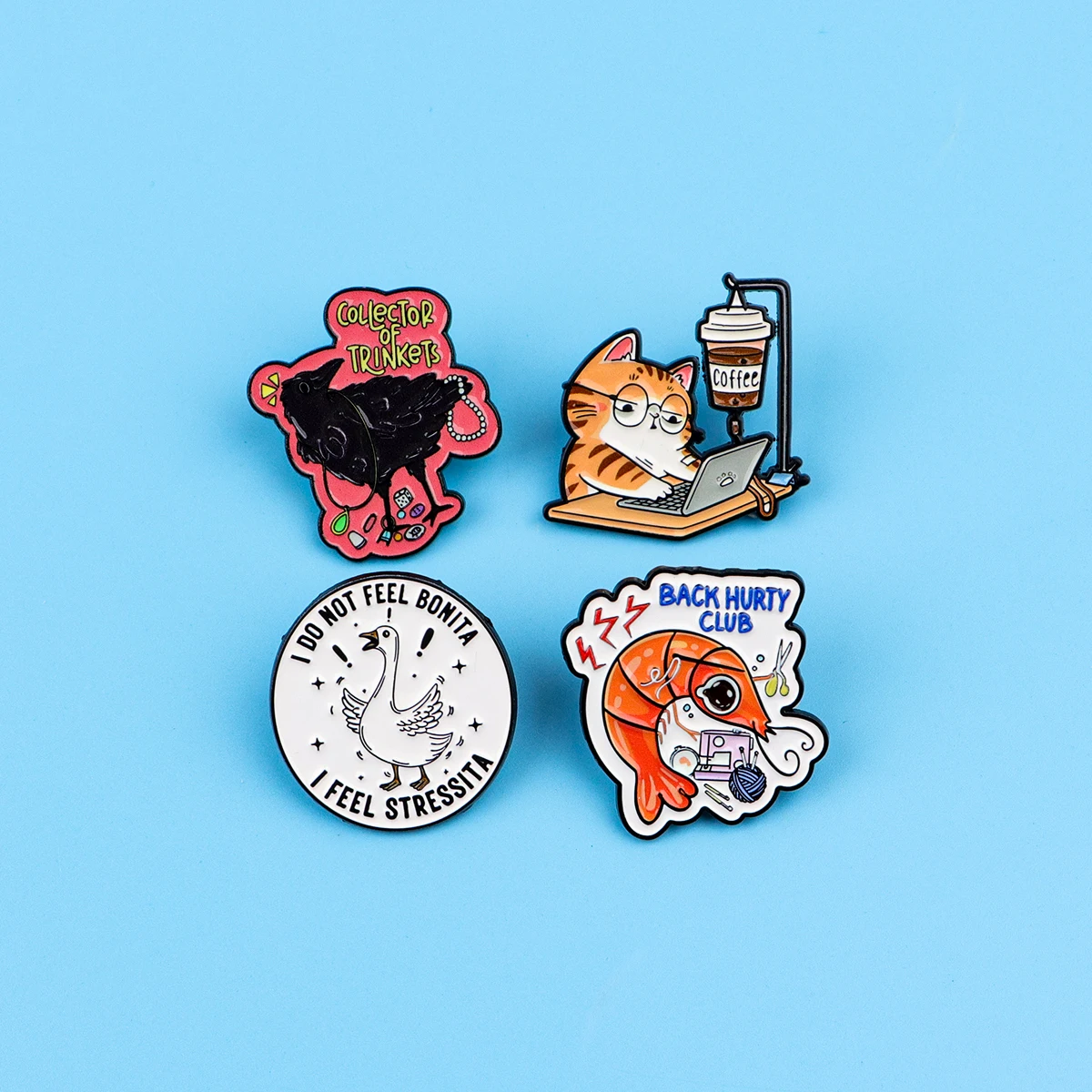 Cute Cat Coffee Enamel Pin Funny Work Cat Brooch Cartoon Crow Goose Shrimp Lapel Pin For Backpack Bag Clothing Jewelry Gift