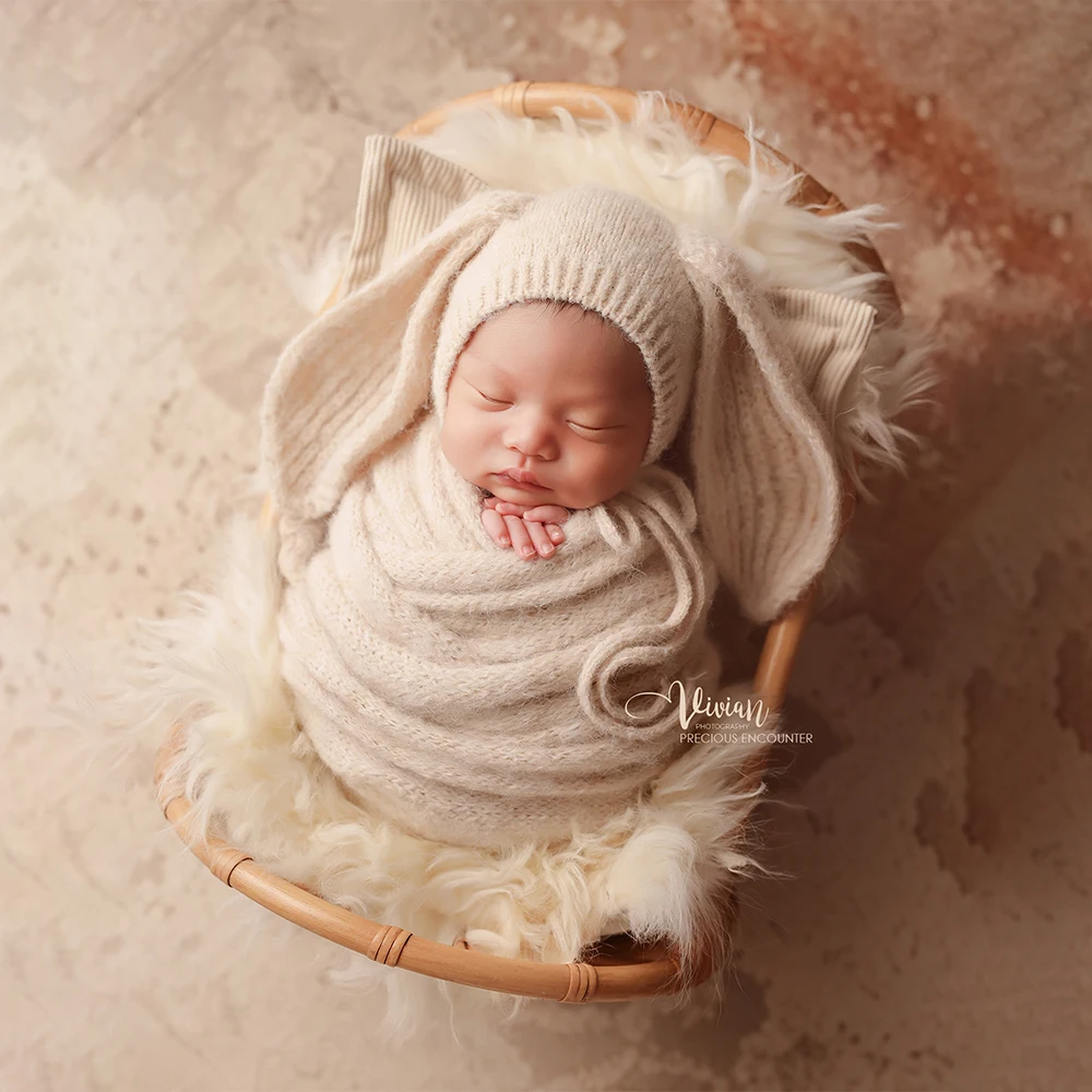 Neutral Newborn Photography Props Warm Knitted Bunny Hat Soft Wool Blanket Floral Headband Photo Studio Baby Shooting Accessory
