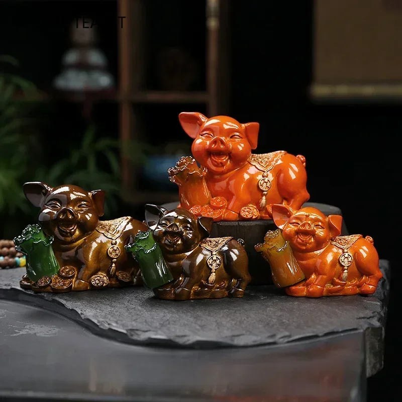 Lucky Piggy Statue Resin Color Changing Tea Pet Animal Tea Figurine Ornaments Can Raise Tea Set Decoration Teapet Crafts Gifts