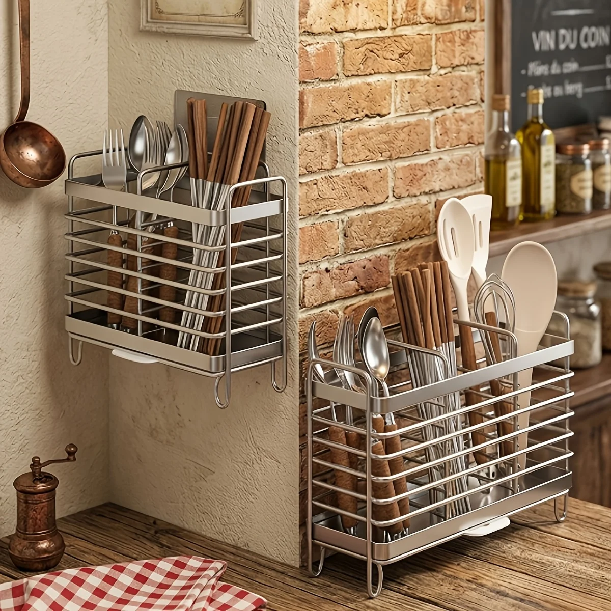 Dual Use Kitchen Cutlery Organizer Chopstick Spoon Storage Rack With Water Drain Tray For Counter Wall