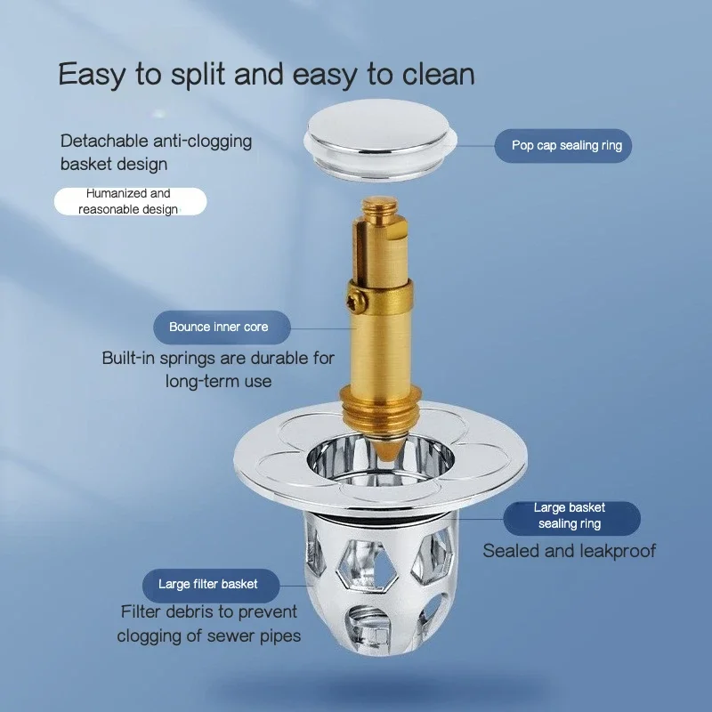Universal Pop Up Sink Drain Plug, Drain Filter with Spring Core, Anti Burst Sink Stopper