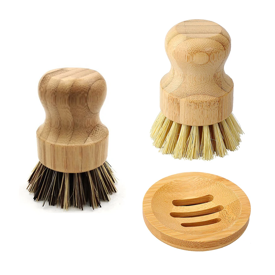 Cepillo de bambú para fregar platos, cepillo de limpieza para fregar platos de madera de cocina, sartén de hierro fundido