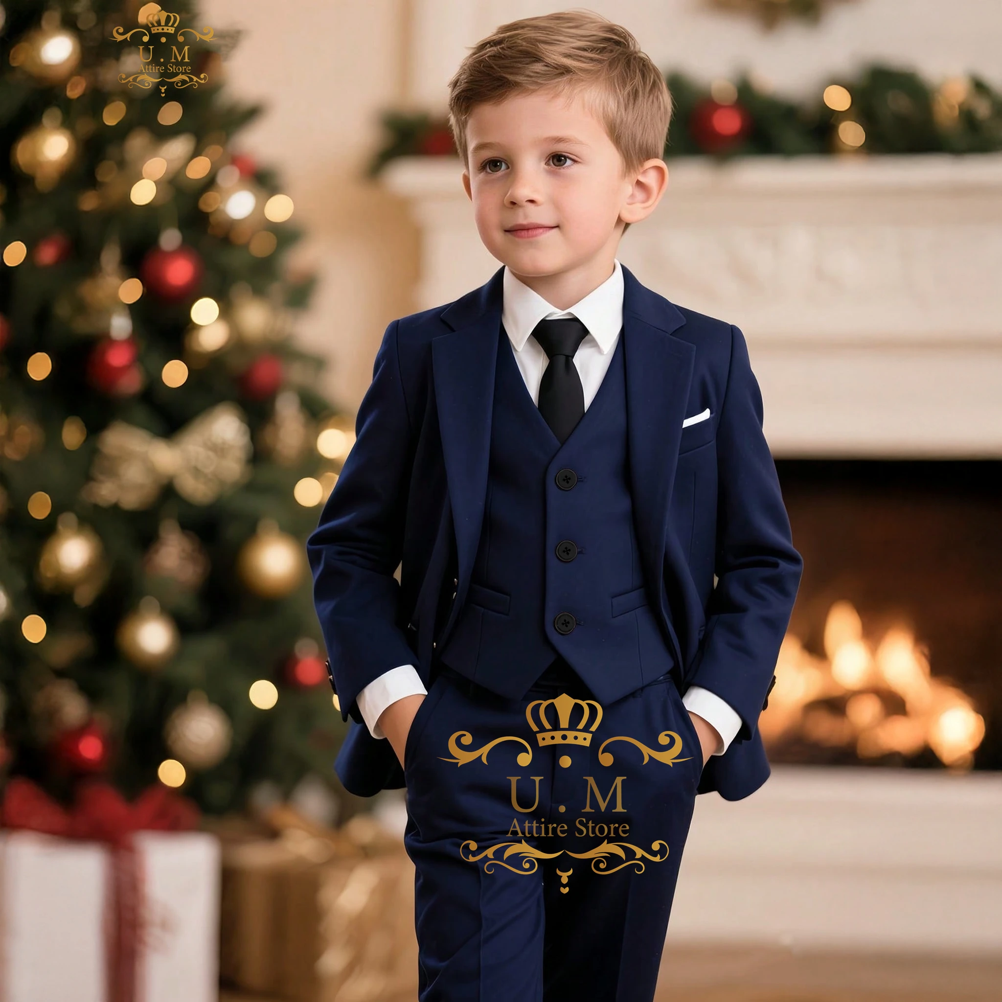 Navy Blue Suit Set For Boys 3-piece Jacket Vest Pants Custom Clothes for Wedding Birthday Party Anniversaries Christenings