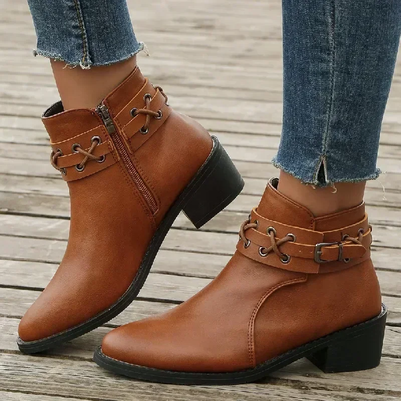 

Women Ankle Boots Autumn Winter New Pu Leather Short Boots Woman Side Zipper Thick Heeled Rivet Leather Boots Pus Size 2024