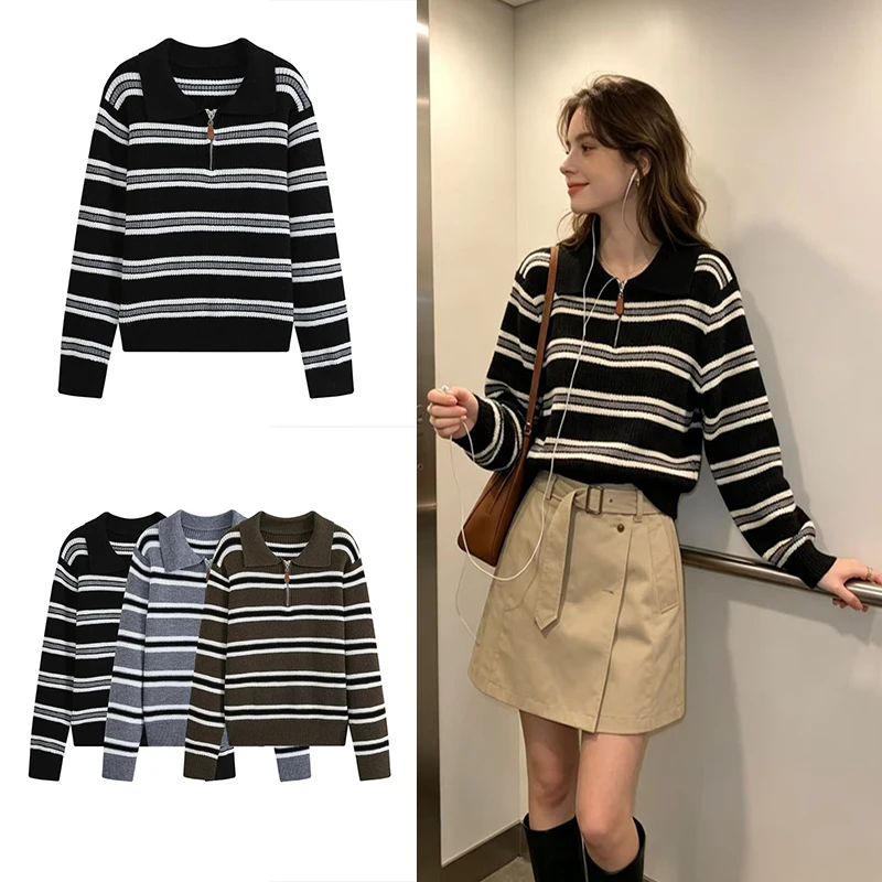 Guobioziy Women's Soft Striped Knit Polo Sweater with Half-Zip Pullover Loose Casual Autumn/Winter Sweater
