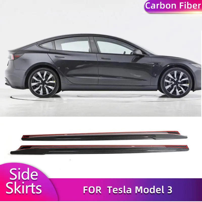 Full Carbon Fiber Side Skirts Extensions for Tesla Model 3 Sedan 4-Door 2023 Car Racing Side Door Bumper Apron Lip Body Kits