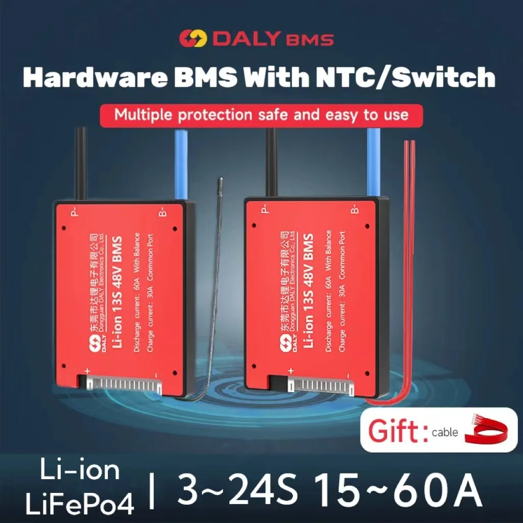 DALY BMS NTC Soft Switch Li-ion 7S 24V 10S 36V 13S 48V Lifepo4 4S 12V 8S 24V 16S 48V For 3.7V Power Battery and 18650 Battery